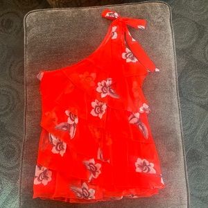 WHBM Fun one shoulder tropical blouse with ruffles